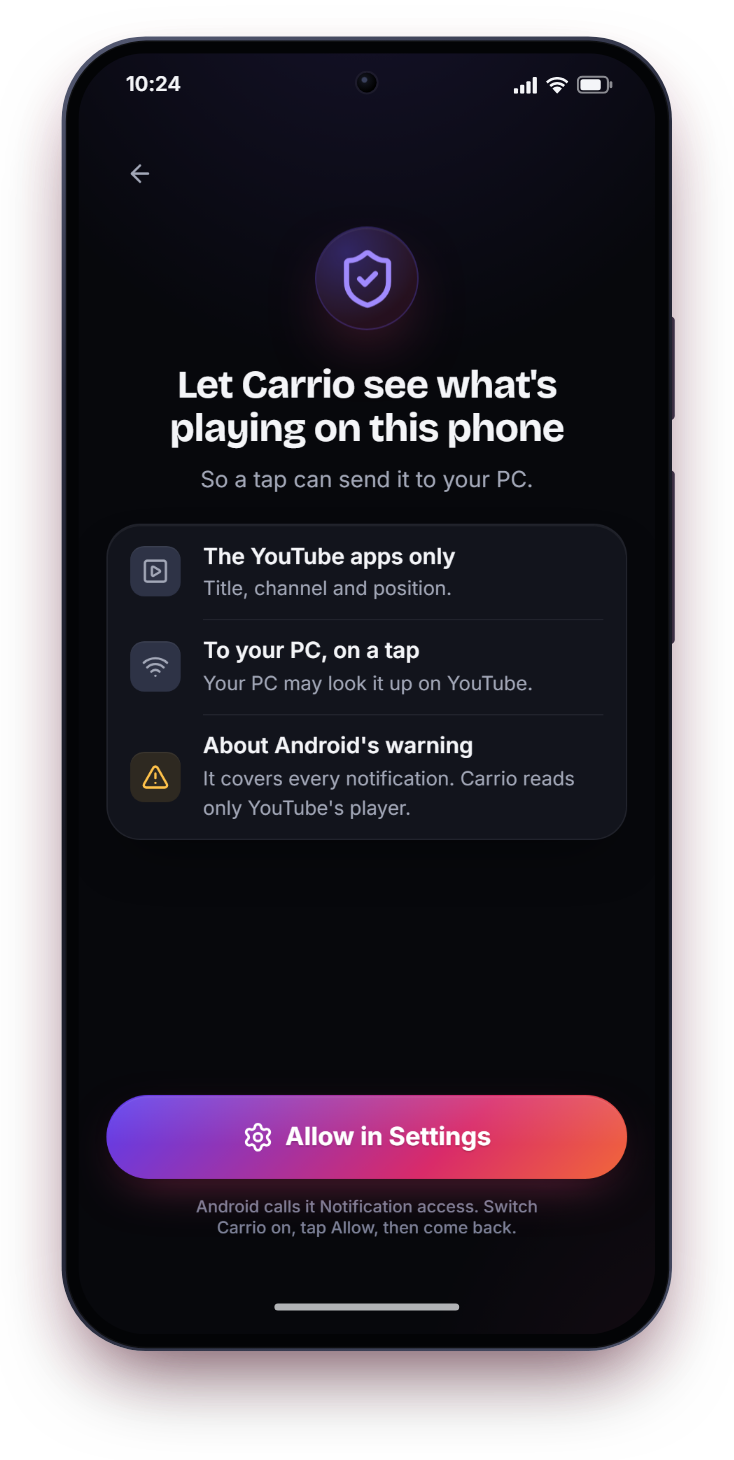 The notification access screen: it reads only the YouTube apps (title, channel and position), sends it to your PC on a tap, and has an Allow in Settings button