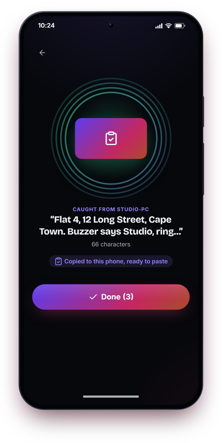 A Copy paste tag tapped: the address copied on STUDIO-PC, "Flat 4, 12 Long Street, Cape Town", is copied to this phone, ready to paste