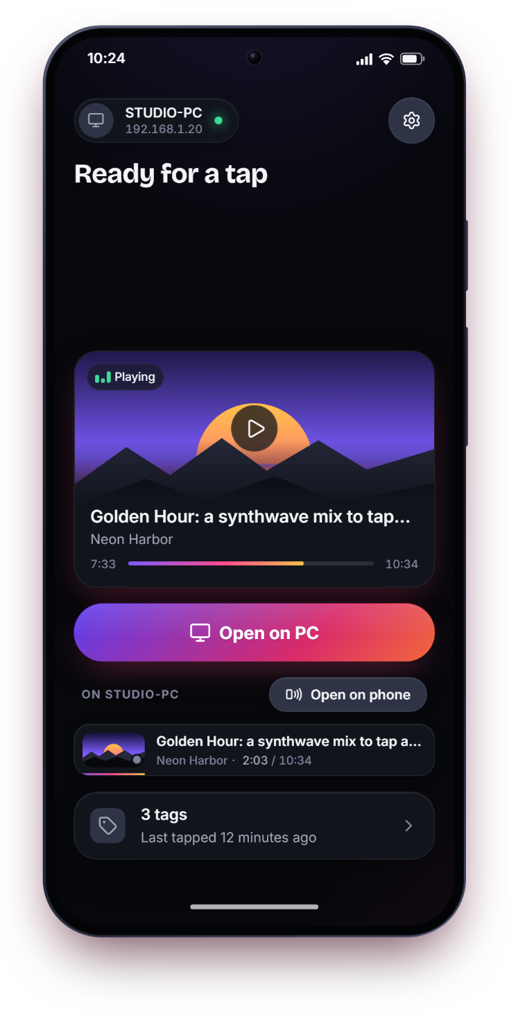 Phone app home screen with this phone's own YouTube video first and a big Open on PC button, and the PC's paused video below