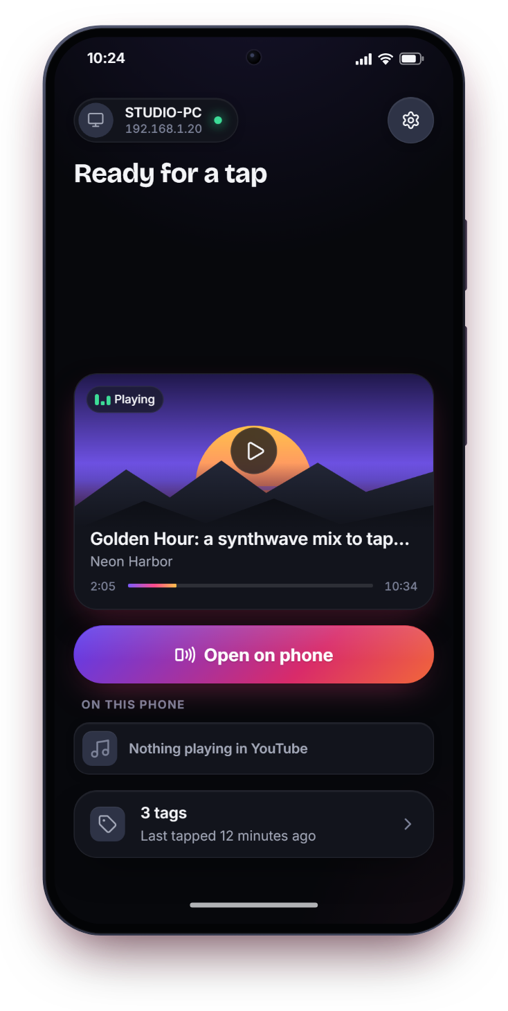 Phone app home screen: the video playing on the PC, Golden Hour by Neon Harbor, with a big Open on phone button under it