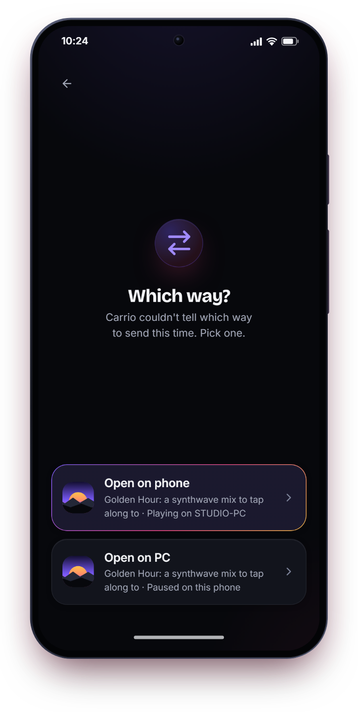 A Smart tag asking which way to go, with two choices: Open on phone or Open on PC, each showing the video on that side