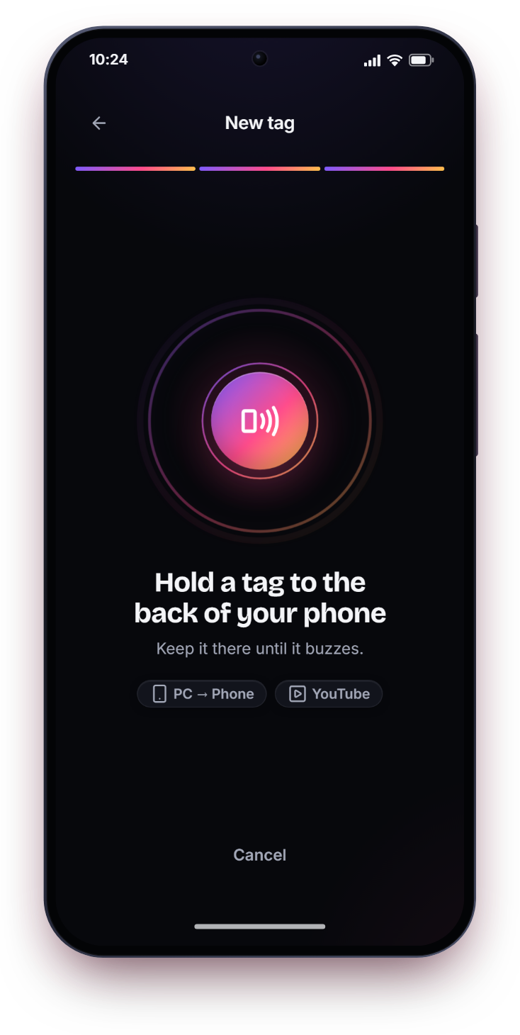 Writing a new tag: a pulsing ripple and "Hold a tag to the back of your phone", set to PC to phone and YouTube